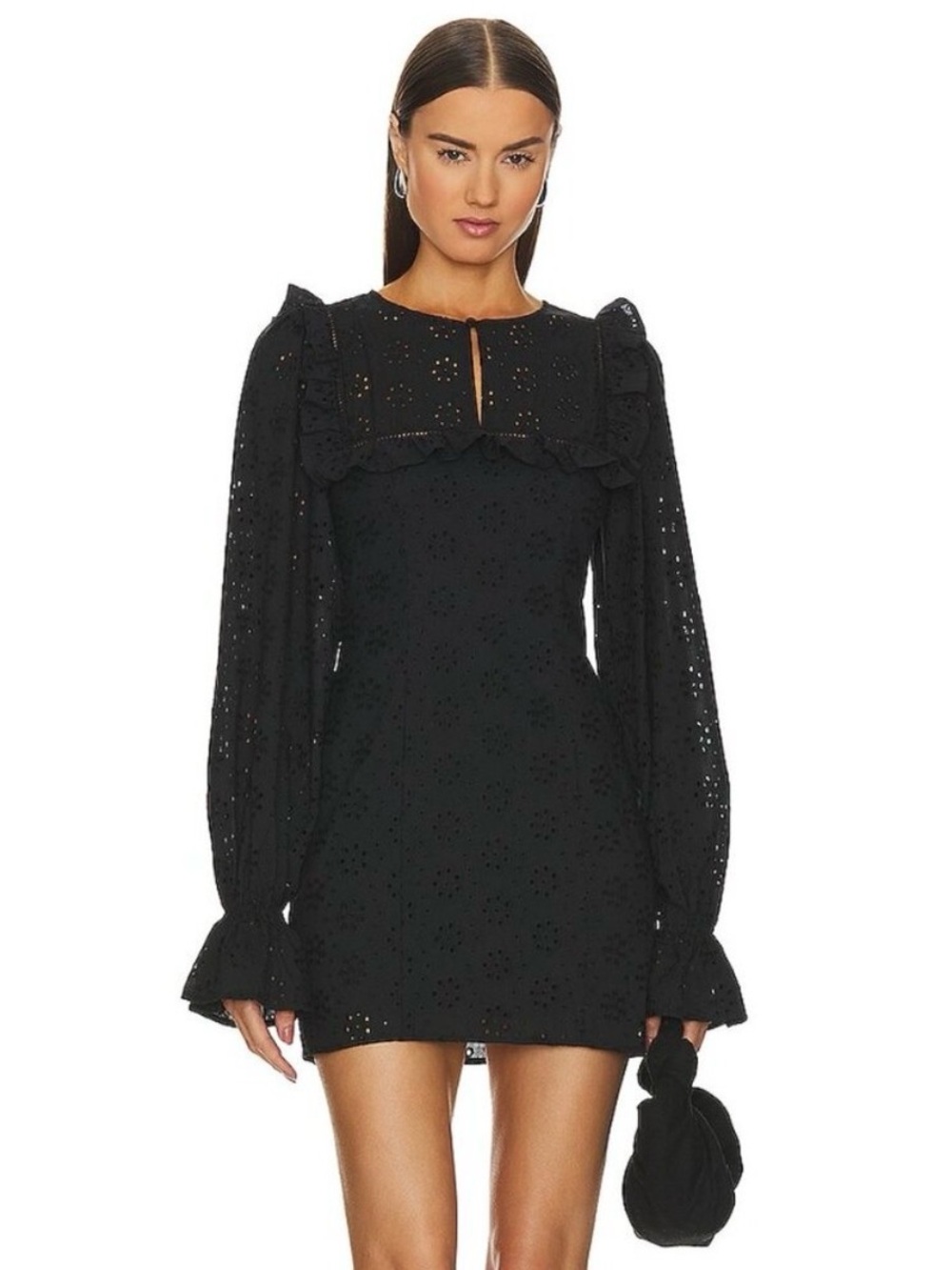 Tularosa Evangeline black eyelet ruffle mini dress, size S